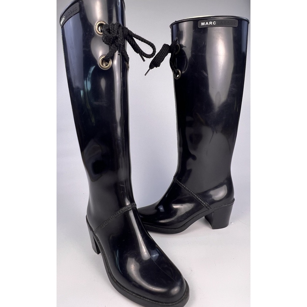 Marc Jacobs Rain Boots Womens Size 6 Black Rubber Tall Lace Up Italy